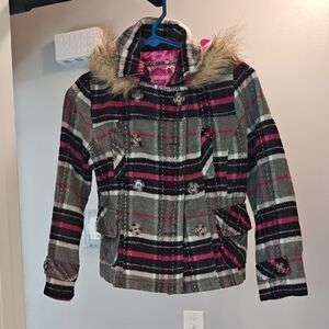 Dollhouse Pink and Black Plaid Pea Coat with Faux Fur Hood